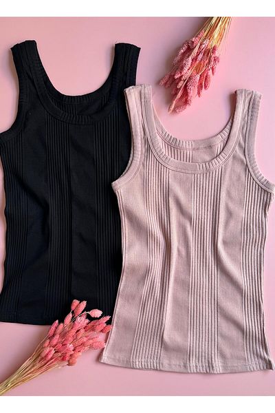 VicTroy Linea, 2-Piece Black and Dusty Rose Color, Ribbed Thick Strap, Cotton Women's Undershirt