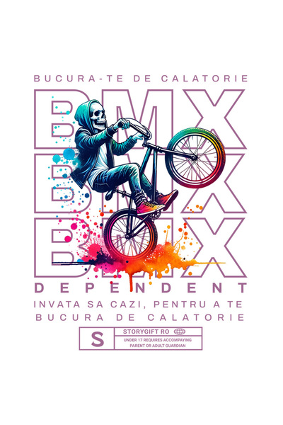StoryGift Romania Sticker Bmx Dependent - Bucura-te De Calatorie, Schelet Pe Bicicleta Cu Margini Albe, Pvc
