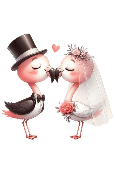 StoryGift Romania Sticker Label 50CM with 2 Flamingo birds at wedding, illustration, bride, groom, flowers, hearts