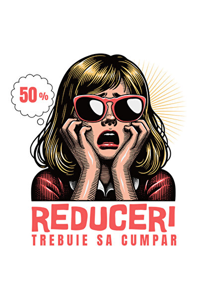 StoryGift Romania Sticker Eticheta 50CM Adeziv Femeie Socata Cu Ochelari Rosii Text 50% reducere Trebuie Sa Cump