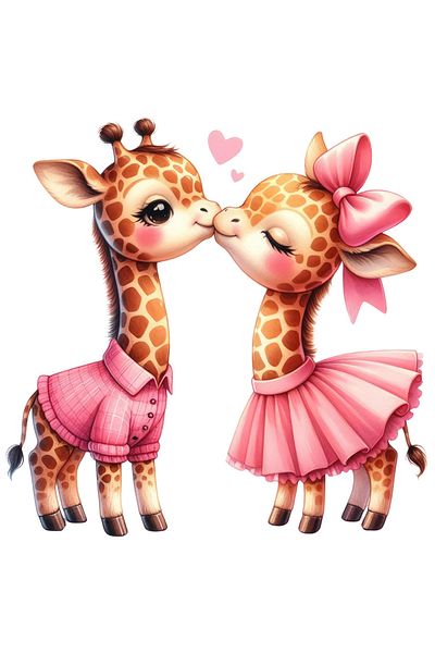 StoryGift Romania Sticker Eticheta 50CM cu 2 girafe care se saruta, ilustratie, inimioare, iubire, dragoste, fun