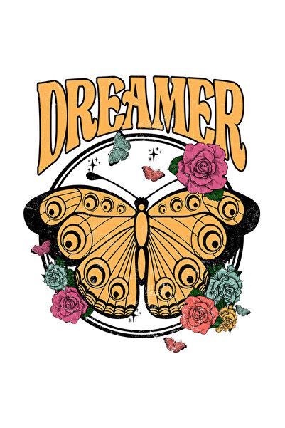 StoryGift Romania Sticker Autocolant 70CM cu fluture galben cu si cu trandafiri multicolori cu mesajul "Dreamer"