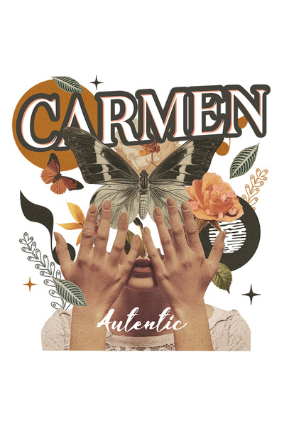 StoryGift Romania Sticker Autocolant 70CM Cu Numele Carmen, Colaj Fata, Fluture, Flori, Cerc cu Margini Albe, PV