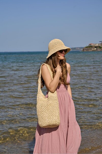 Tina İstanbul Χειροποίητη πλεκτή τσάντα από ψάθινο κύλινδρο Μπεζ