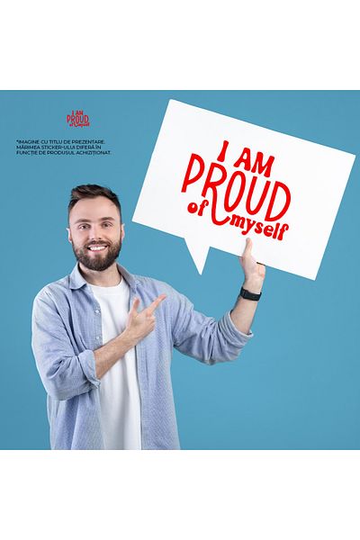 StoryGift Romania Exterior Sticker with the message in English "I am proud of myself" - I am proud of myself, confidence, V