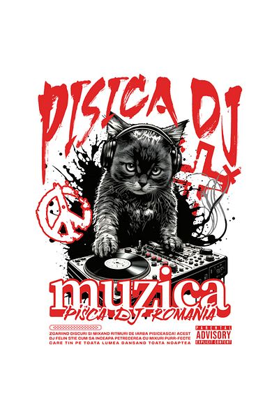 StoryGift Romania Sticker Adeziv 90CM Pisica DJ Romania, Muzica, Casti, Artist cu Margini Albe, PVC Vinyl 90 cm