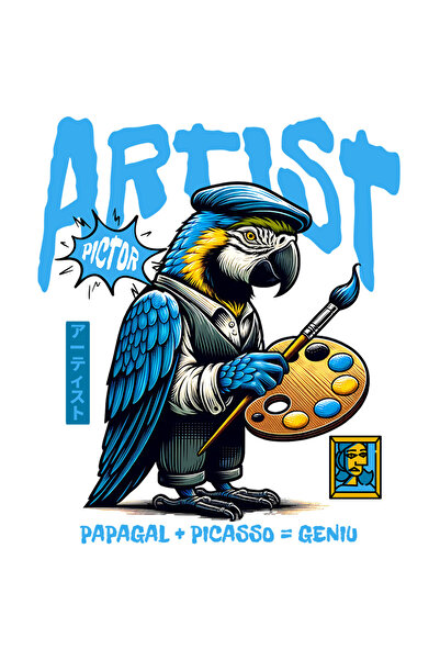 StoryGift Romania Sticker Autocolant 70CM Papagalul Pictor - Artist + Picasso = Geniu cu Margini Albe, PVC Vinyl