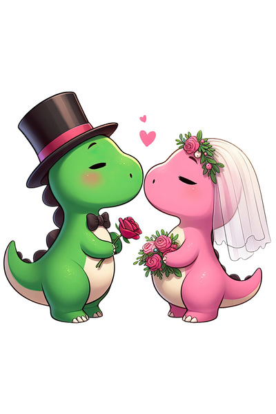 StoryGift Romania Sticker Adeziv 90CM cu 2 dinozauri la nunta, roz, verde, inimioare, buchet cu trandafiri, flor