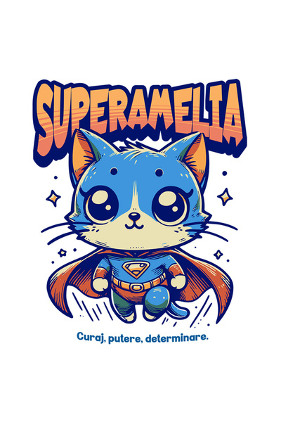 StoryGift Romania Sticker Autocolant 70CM Super Amelia, SuperErou, Pisica Zburand cu Margini Albe, PVC Vinyl 70 cm