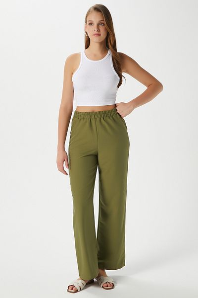 Ritnice Women's Sasha Cool Texture Waist Elastic Khaki Palazzo Trousers