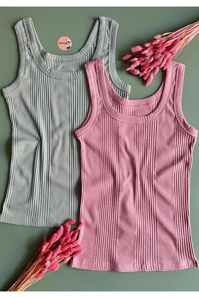 VicTroy Linea, 2-Piece Green and Dusty Rose Color, Ribbed Thick Strap, Cotton Women's Undershirt