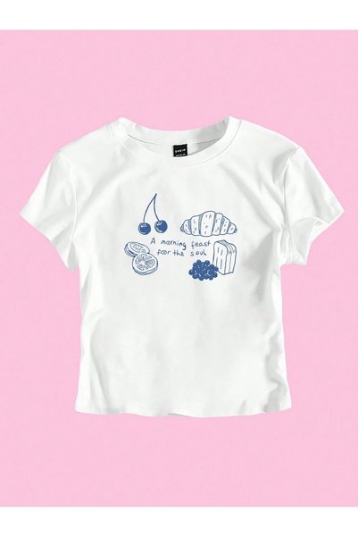 WESTİMO Women's White Mornıg Feast Printed Crew Neck Tight Crop Tshirt