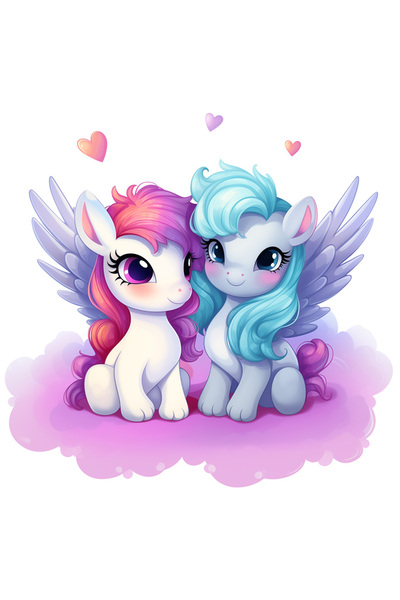 StoryGift Romania Sticker Eticheta 40CM cu 2 unicorni, ilustratie, inimioare, norisori, imbujorati, prietenie, r