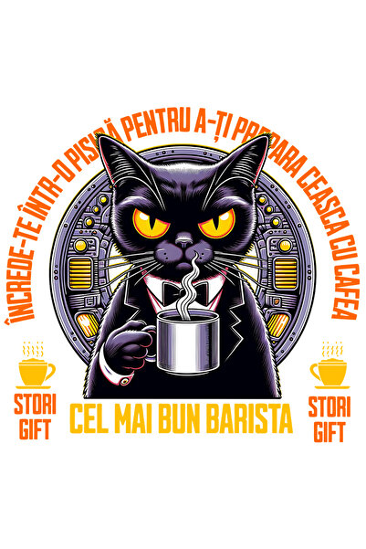 StoryGift Romania Sticker Adeziv 90CM Adeziv Pisica in costum cu cafea cel ma...
