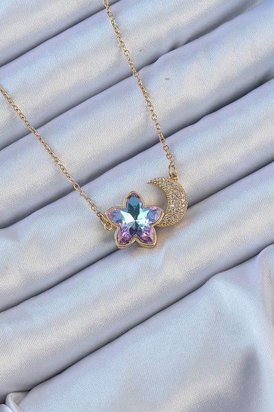 Skygo 316L Steel Chain Gold Color Moon Design Colorful Zircon Stone Flower Necklace - Tj-Bko9135