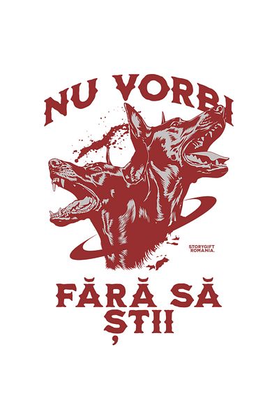 StoryGift Romania Sticker Eticheta 50CM Adeziv Doi caini furiosi mesaj nu vorbi fara sa stii cu Margini Albe, PV
