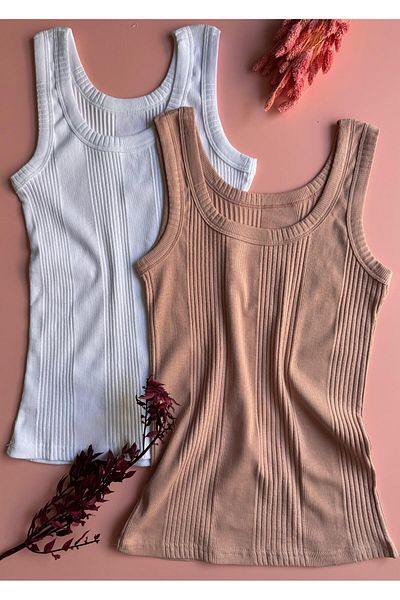 VicTroy Linea, 2-Piece White and Dusty Rose Color, Ribbed Thick Strap, Cotton Women's Undershirt