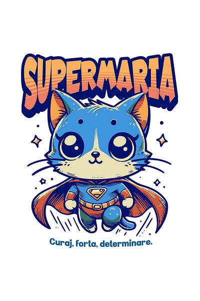 StoryGift Romania Sticker Super Maria, Supererou, Pisica Zburand Cu Margini Albe, Pvc Vinyl 70 Cm
