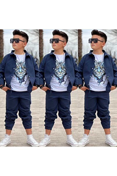 modavals GABARDİN GÖMLEK KARGO CEP PANTOLON ve KAPLAN BASKILI TSHIRT 3 PARÇA ...