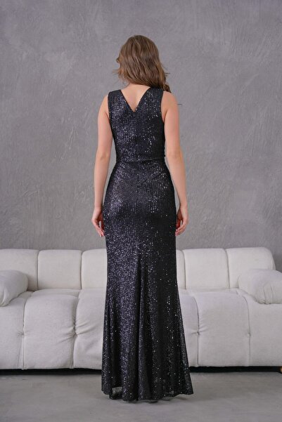 zoezoe KADIN UZUN YIRTMAÇLI PARLAK PAYET KUMAŞ KRUVAZE YAKALI DÜĞÜN/DAVET/NİŞAN/MEZUNİYET ABİYE ELBİSE