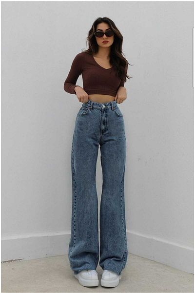 Trn JNS Criss Super High Waist Lycra Women's Medium Snow Blue Super Loose Leg Denim Loose Palazzo Pants