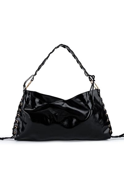 Elanore Crinkled Leather Women's Shoulder Bag with Knitted Detail on the Handles