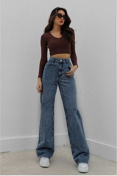 Trn JNS Criss Super High Waist Lycra Women's Medium Snow Blue Super Loose Leg Denim Loose Palazzo Pants