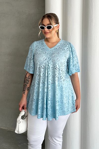 Stil Diva Bluză necăptușită cu mânecă scurtă, cu decolteu în V, cu dantelă, 302957