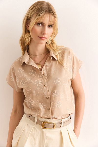 Olalook Women's Ivy Beige Patterned Linen Bat Shirt Gml-19001129