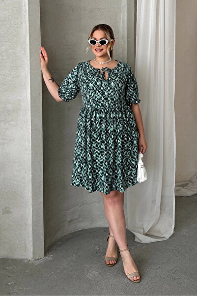 Stil Diva Büyük Beden Önü Bağlamalı Yarım Kollu Desenli Mini Elbise 101-8