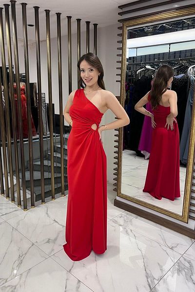By Saygı Women's One Shoulder Side Window Detailed Long Crepe Satin Dress