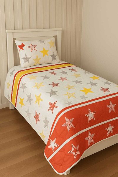 HSN LAGOM Single Quilted Bedspread Yellow Red-Pillowcase - Reversible Multi-Purpose Cover Pique