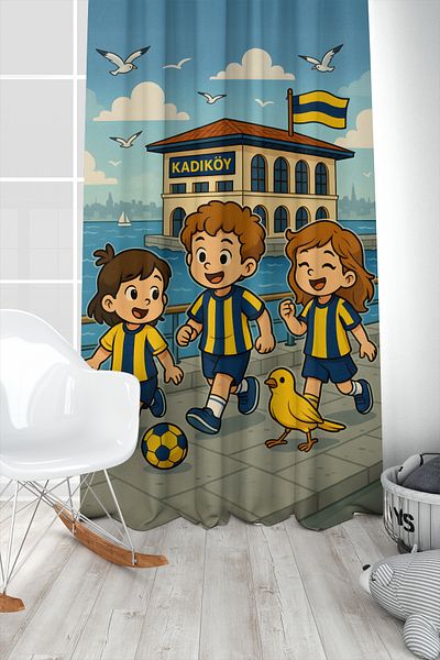 Bertille Home Children's and Baby's Room Yellow Navy Blue Fan Football Series Background Curtain Single Wing (Curtain)