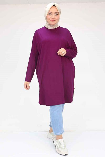 Eslina 38111 Large Size Basic Combed Cotton Tunic - Plum