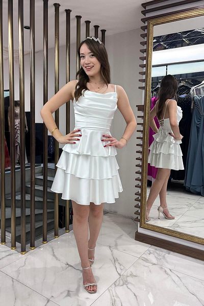 By Saygı Rochie scurtă din satin pentru femei, cu curea de frânghie, cu dantelă la spate