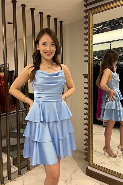 By Saygı Kadın İp Askılı Arkadan Bağcıklı Eteği Kat Kat Saten Kısa Elbise