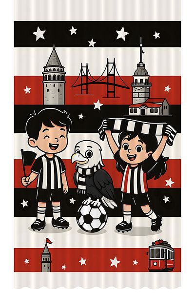 Bertille Home Children's and Baby's Room Black and White Fan Football Series Background Curtain Single Wing (Curtain)