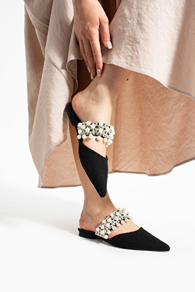 MissPapatya Kunny Black Kilim Pearl Detail Women's Heeled Slippers