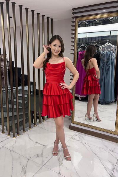 By Saygı Women's Rope Strap Back Lace up Skirt Layered Satin Short Dress