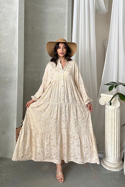 ASEDE 100% Viscose Bohemian Alaçatı Dress Ethnic Patterned Water Foil Print Viscose Dress Dress Suitable for Hijab