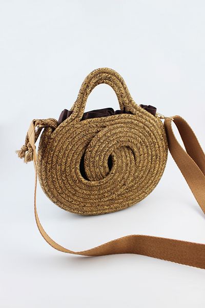 İLKYAZ Brown Mini Size Adjustable Strap Pouch Infinity Model Straw Women's Hand and Shoulder Bag
