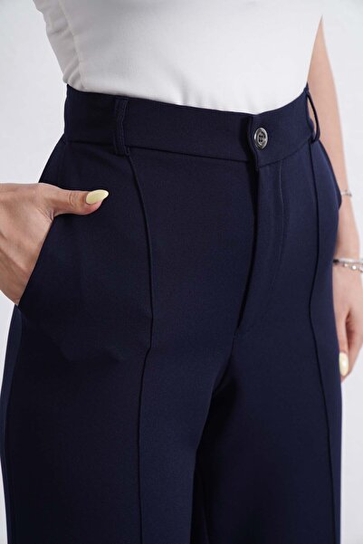 neroverde Lacivert Yüksek Bel Önü Dikişli Palazzo Pantolon