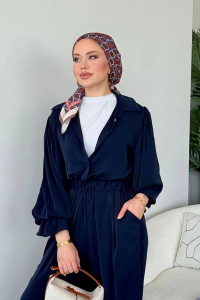 Love Fab Front Buttoned Drawstring Detailed Dubai Crepe Hijab Jumpsuit with Ruffled Sleeves