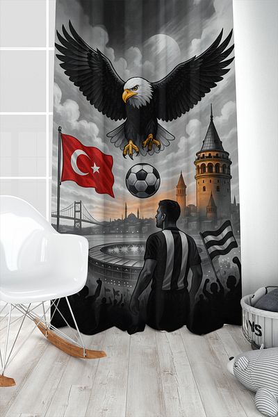 Bertille Home Children's and Baby's Room Black and White Fan Football Series Background Curtain Single Wing (Curtain)