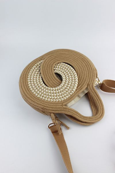 İLKYAZ Milky Brown Mini Size Adjustable Strap Pouch Infinity Model Straw Women's Hand and Shoulder Bag