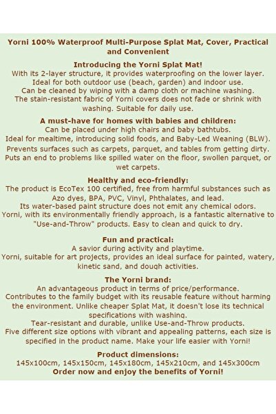 yorni 145x210cm Zoo Emzirme, Beslenme, Ek Gıdaya Geçişte, Sıvı Geçirmeyen, Yıkanabilir, Ekstra Geniş Örtü