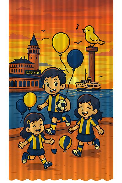 Bertille Home Children's and Baby's Room Yellow Navy Blue Fan Football Series Background Curtain Single Wing (Curtain)