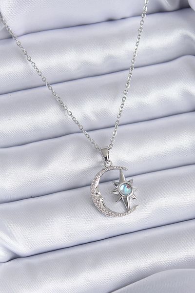 Skygo 316L Steel Silver Color Zircon Stone Moon Star Model Women's Necklace - TJ-BKO7689