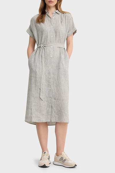 Tommy Hilfiger Striped Logo 100% Linen Regular Fit Belted Shirt Dress Shirt Dress Ww0W
