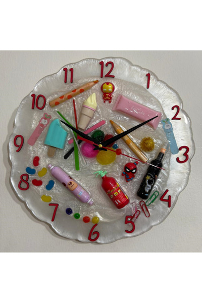 Pelince PELİNCE KIDS - Rengarenk Temalı Epoksi Çocuk Odası Duvar Saati - 30 cm - Kırmızı Renk Rakamlı